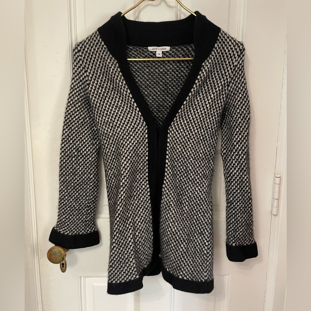 Alice + Olivia Cashmere Cardigan. Black & White Check Pattern. Size Small
